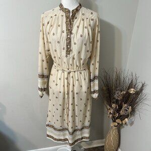 Vtg Verona Women Dress Beige Brown Paisley Floral Print Semi Sheer Belt Sz M ?!